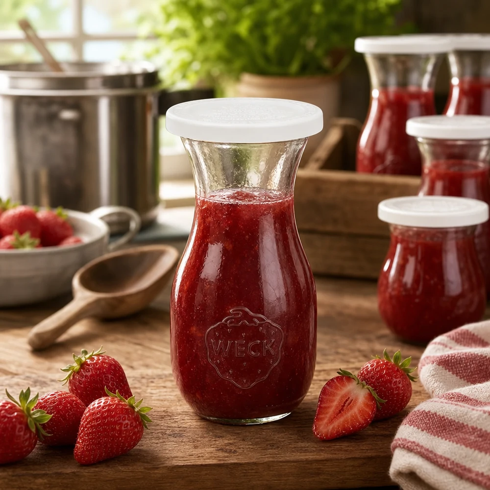 Botella para zumo de 290 ml con tapa hermética WECK RR60 Botella de zumo WECK de 290 ml llena de mermelada de fresa roja rodeada de fresas frescas sobre una mesa de madera