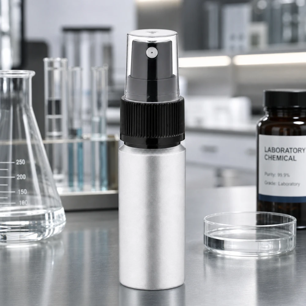 Botella compacta de aluminio decapado de 20 ml con atomizador negro para aplicaciones móviles