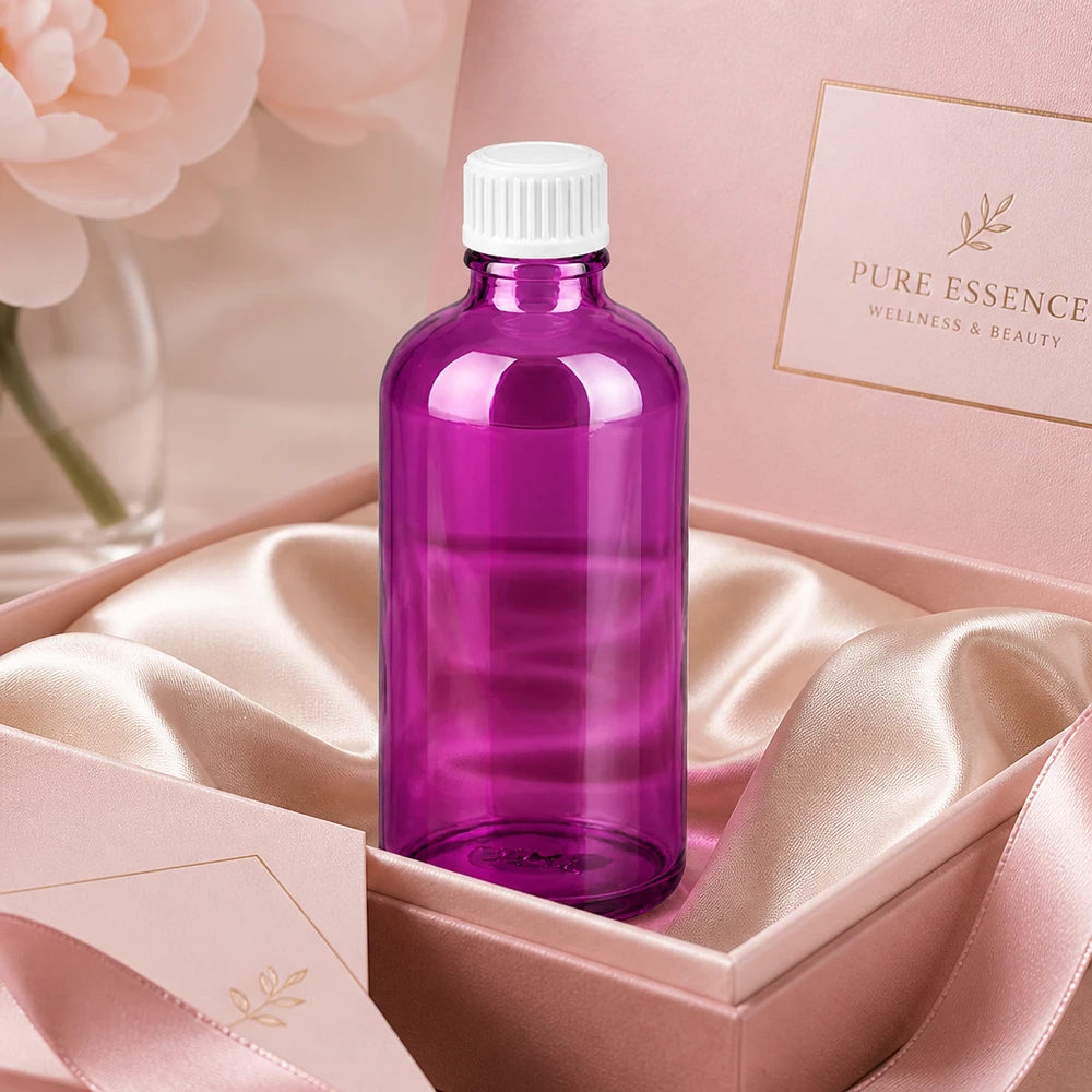 Frasco de 100 ml (glóbulo) Anillo vertedor de 3 mm blanco PurpleLine estándar. UT18/100 Elegante botella de cristal violeta de 100 ml con rosca UT18 para productos de bienestar y belleza de alta calidad