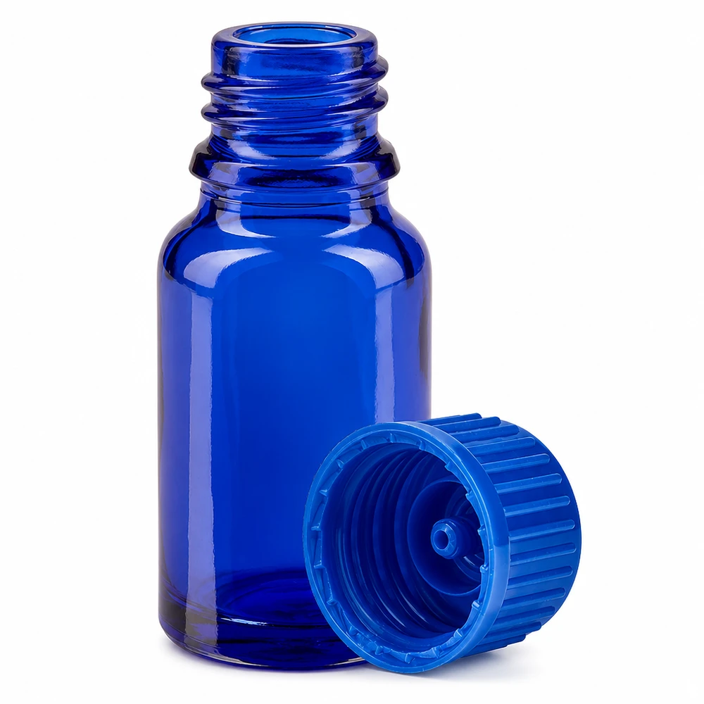 Frasco pequeño de vidrio azul de 10 ml con práctico tapón de rosca para una dosificación precisa