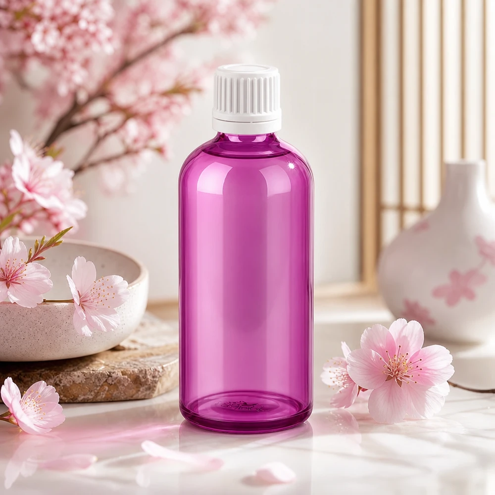 Frasco de vidrio de 100 ml de alta calidad en color violeta radiante con tapón blanco profesional para aplicaciones de spa