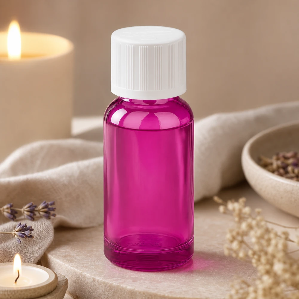 Pequeño frasco de vidrio de 20 ml de elegante diseño morado con tapón blanco para cosméticos