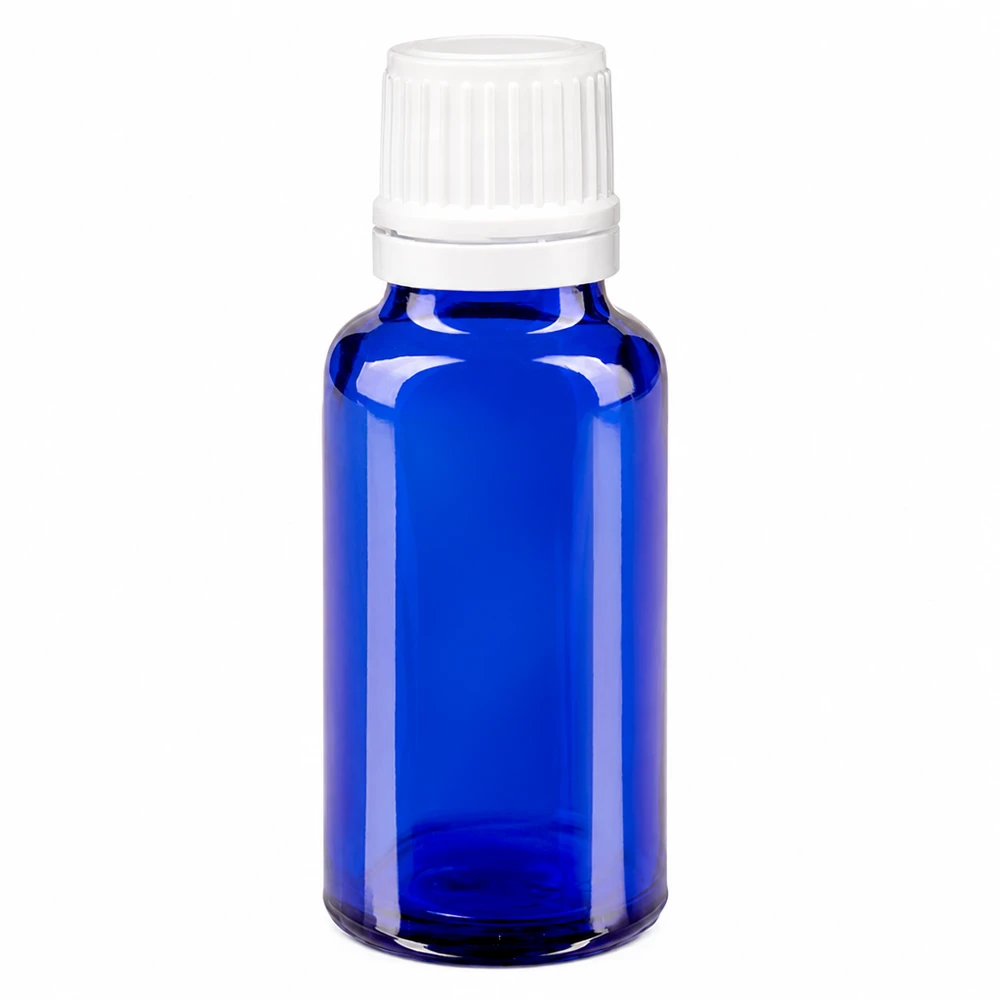 Botella de farmacia azul 20ml tapón cuentagotas 1.2mm cierre inviolable blanco Frasco de farmacia de cristal azul de 20 ml con tapón de seguridad blanco y dosificador de gotas de 0,7 mm