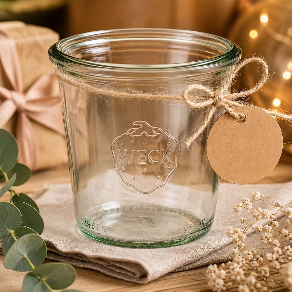 Tarro alto de 290 ml WECK RR80 Vasos WECK 290ml RR80 alto con tapa y etiqueta de regalo decorados sobre una mesa de madera rústica
