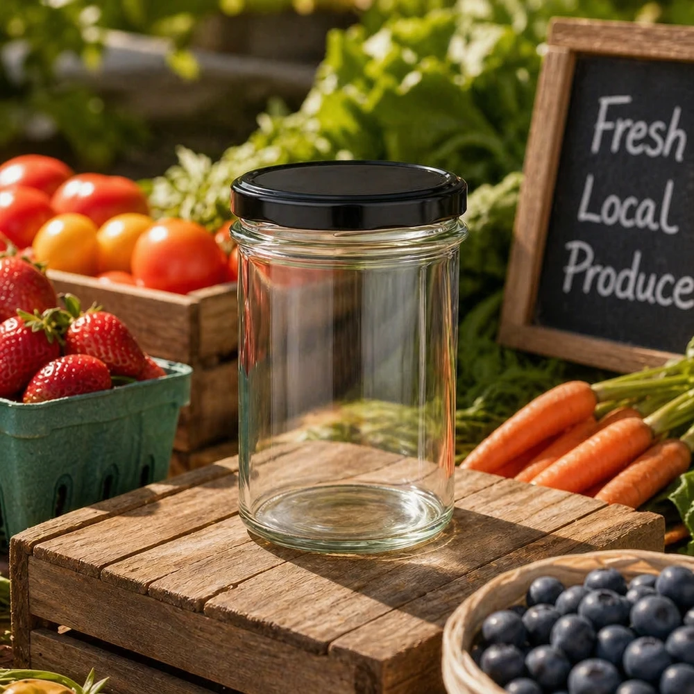 Tarro de cristal de 230 ml con tapa negra BasicSeal entre frutas y verduras frescas sobre una mesa de madera Escena de mercado agrícola