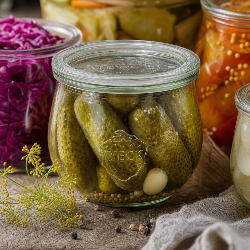 Tarro tulipán de 580ml con tapa de cristal WECK RR100 WECK tarro tulipán 580ml RR100 con pepinillos encurtidos y especias entre verduras y hierbas fermentadas