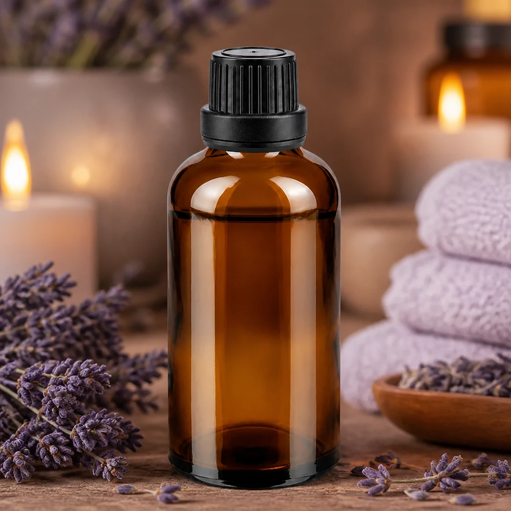 Frasco de farmacia marrón de 50 ml con tapón cuentagotas negro, rodeado de flores de lavanda y velas