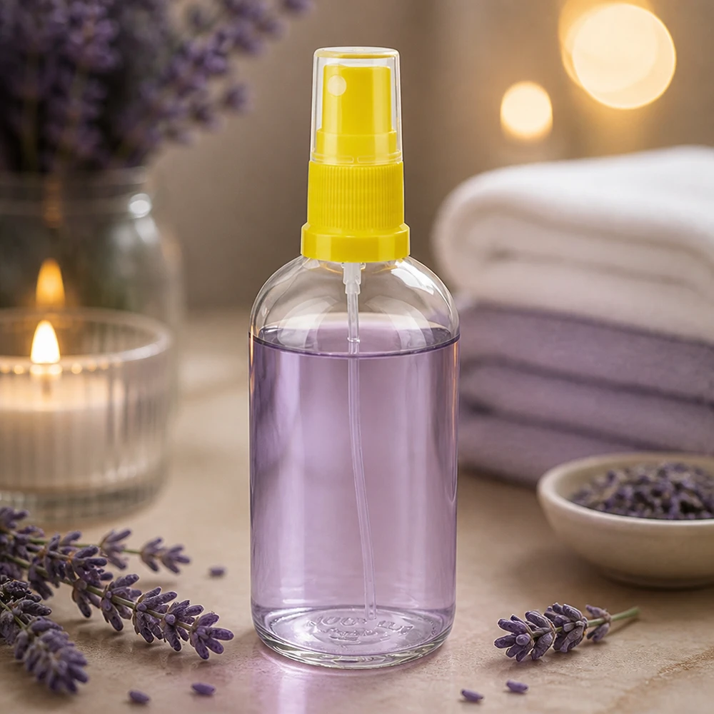 Frasco pulverizador de 100 ml amarillo/transparente tapón estándar ClearLine UT18/100 Botella pulverizadora de lavanda, 100 ml, con dosificador amarillo y recipiente transparente, para bienestar y aromaterapia