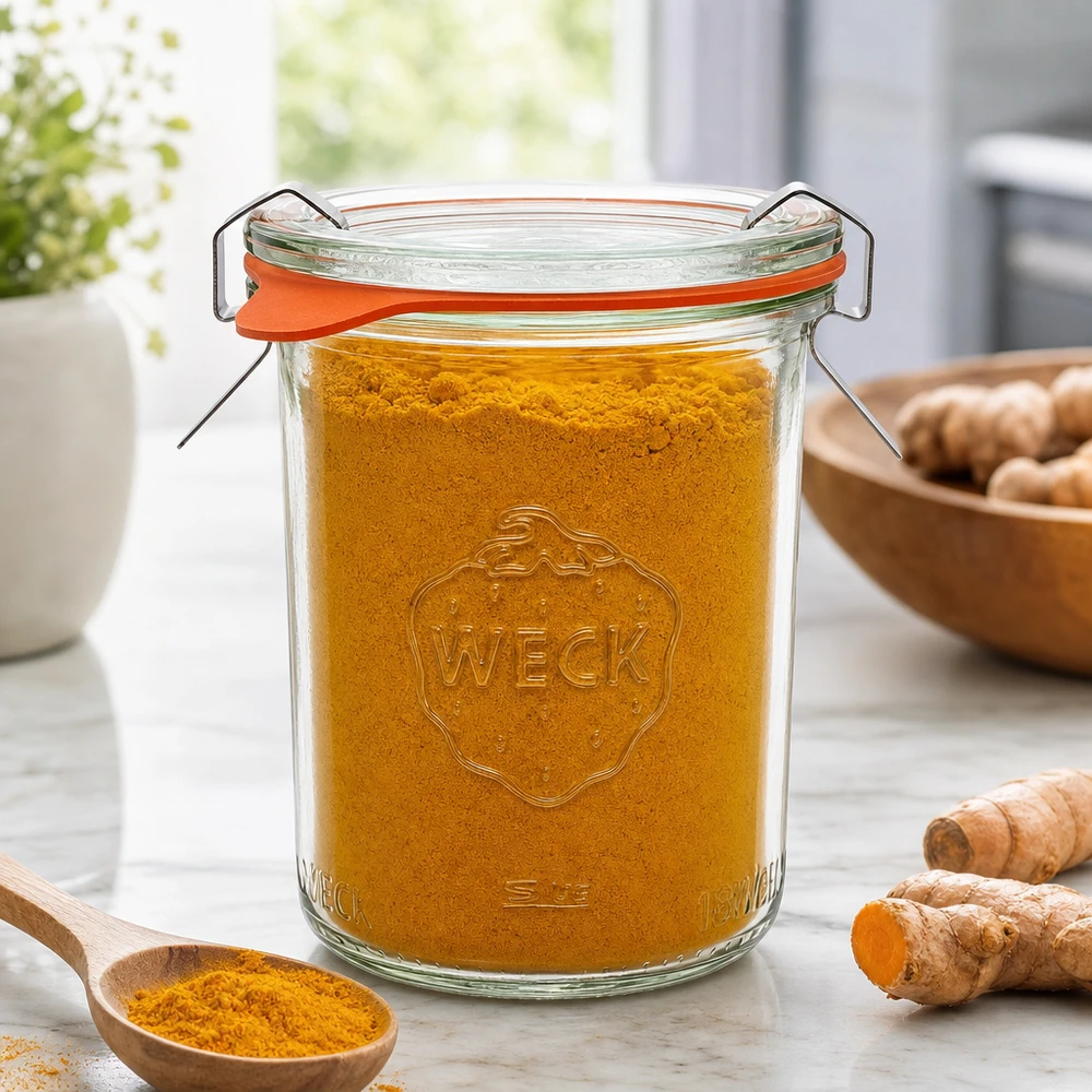 WECK Sturzglas 160ml RR60 mit Kurkumapulver gefüllt neben Ingwerwurzeln zeigt perfekte Gewürzaufbewahrung
