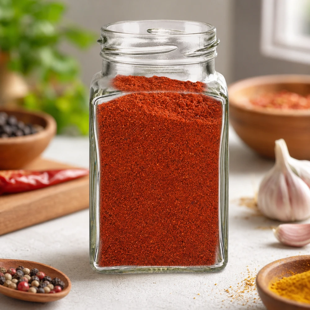 Tarro tetra de 260ml sin tapa (TO58) UNiTWIST UNiTWIST Tetra260 Tarro de 4 esquinas 260ml lleno de pimentón rojo en polvo en cocina con especias y ajo