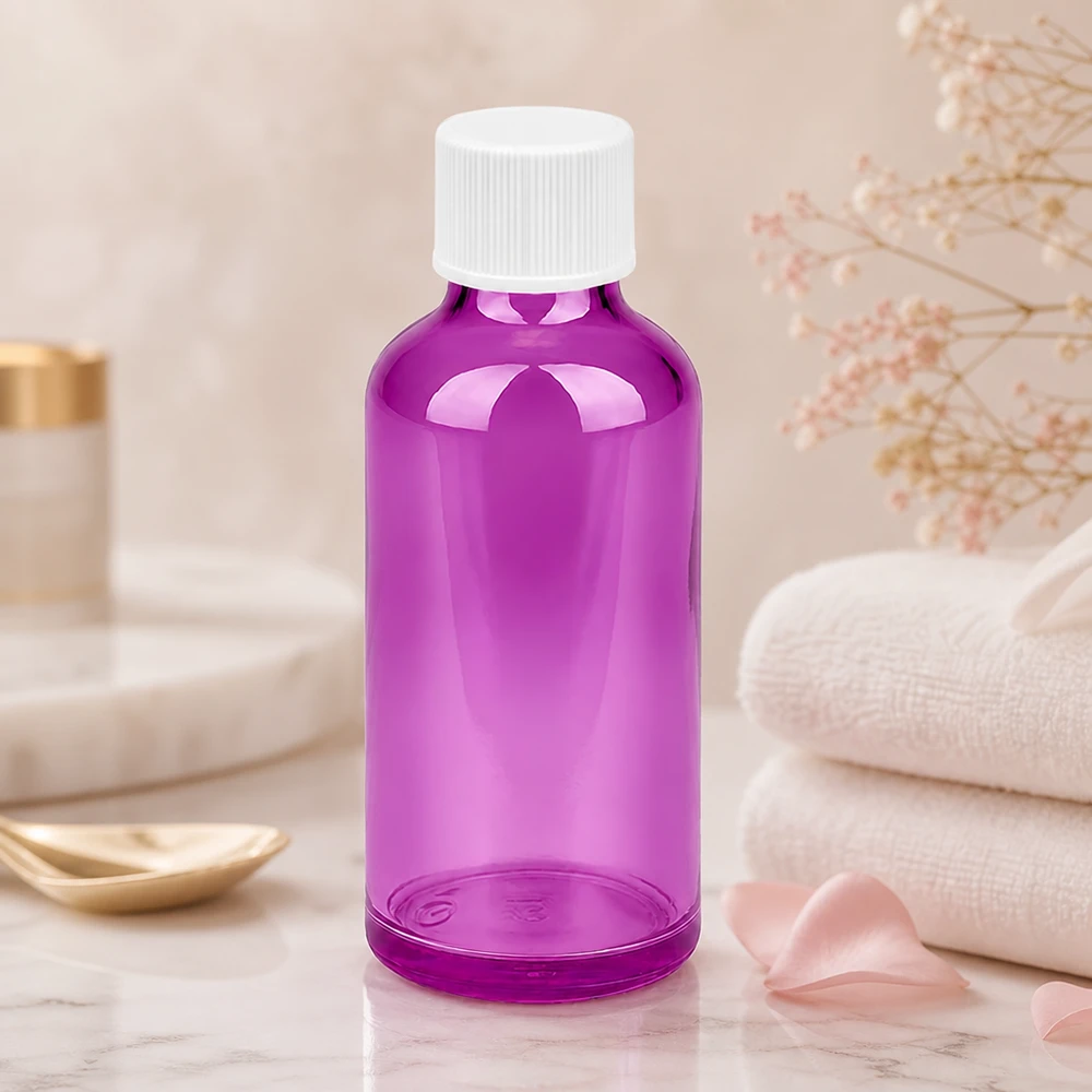 Elegante frasco de 50 ml de vidrio violeta transparente con tapón de rosca blanco para aromaterapia