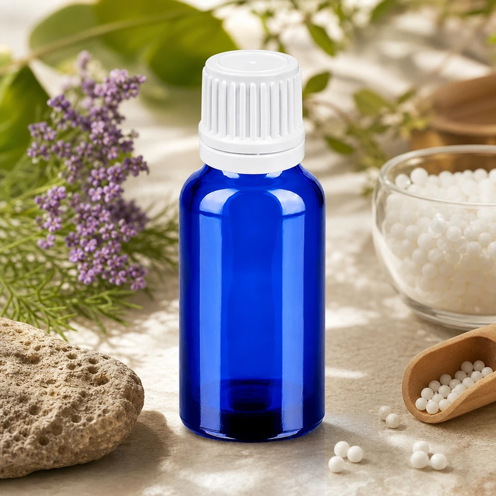 Frasco de vidrio azul de alta calidad de 20 ml con tapón de rosca blanco para remedios naturales