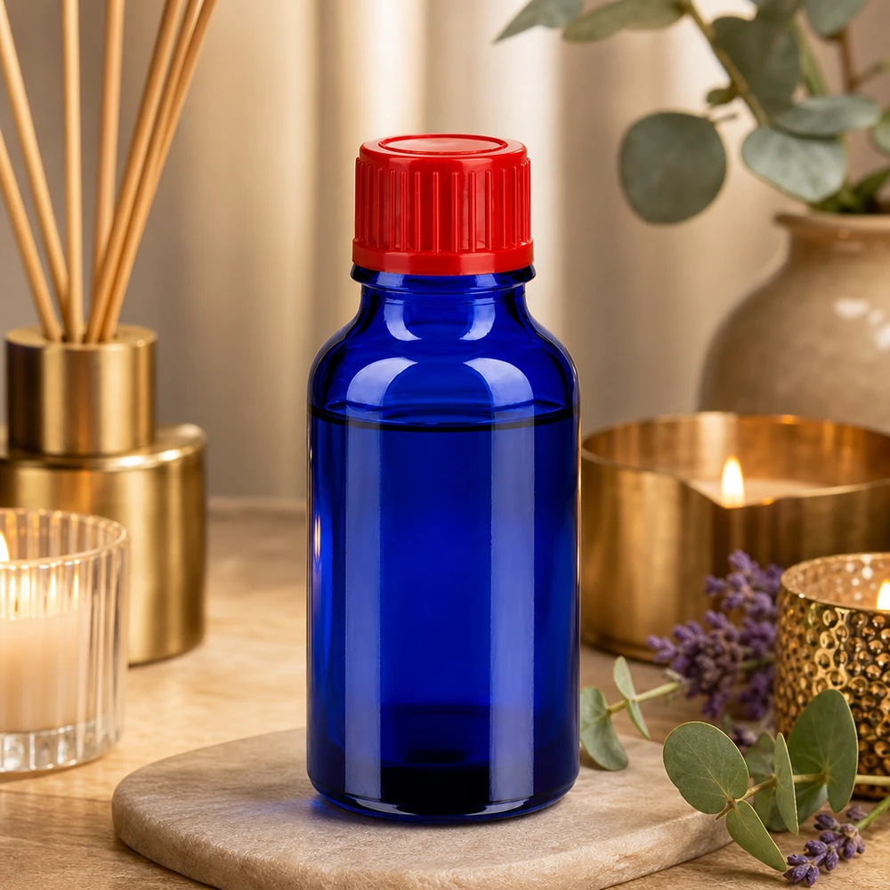 Frasco de vidrio compacto de 20 ml con tapón rojo ideal para viajar y para llevar