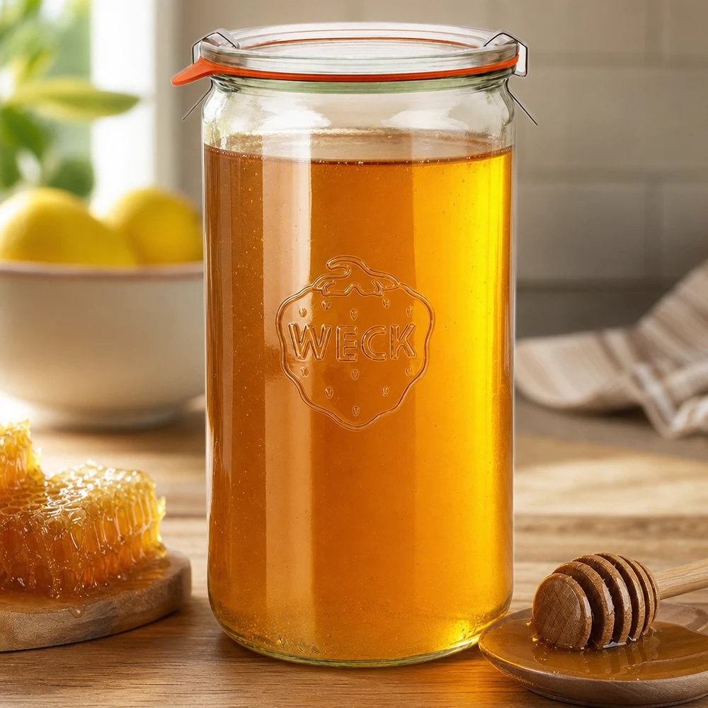 WECK tarro cilíndrico 1590ml RR100 lleno de miel tapa abatible naranja anillo de goma cuchara de madera para miel panal