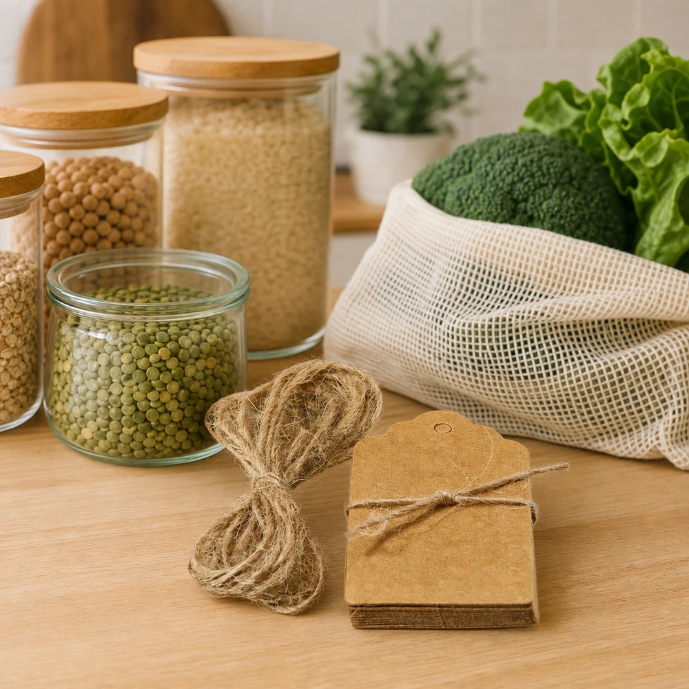 Etiquetas de papel kraft sostenible con cordón de fibra natural junto a productos de residuo cero y bolsas de malla para una cocina sin plásticos.
