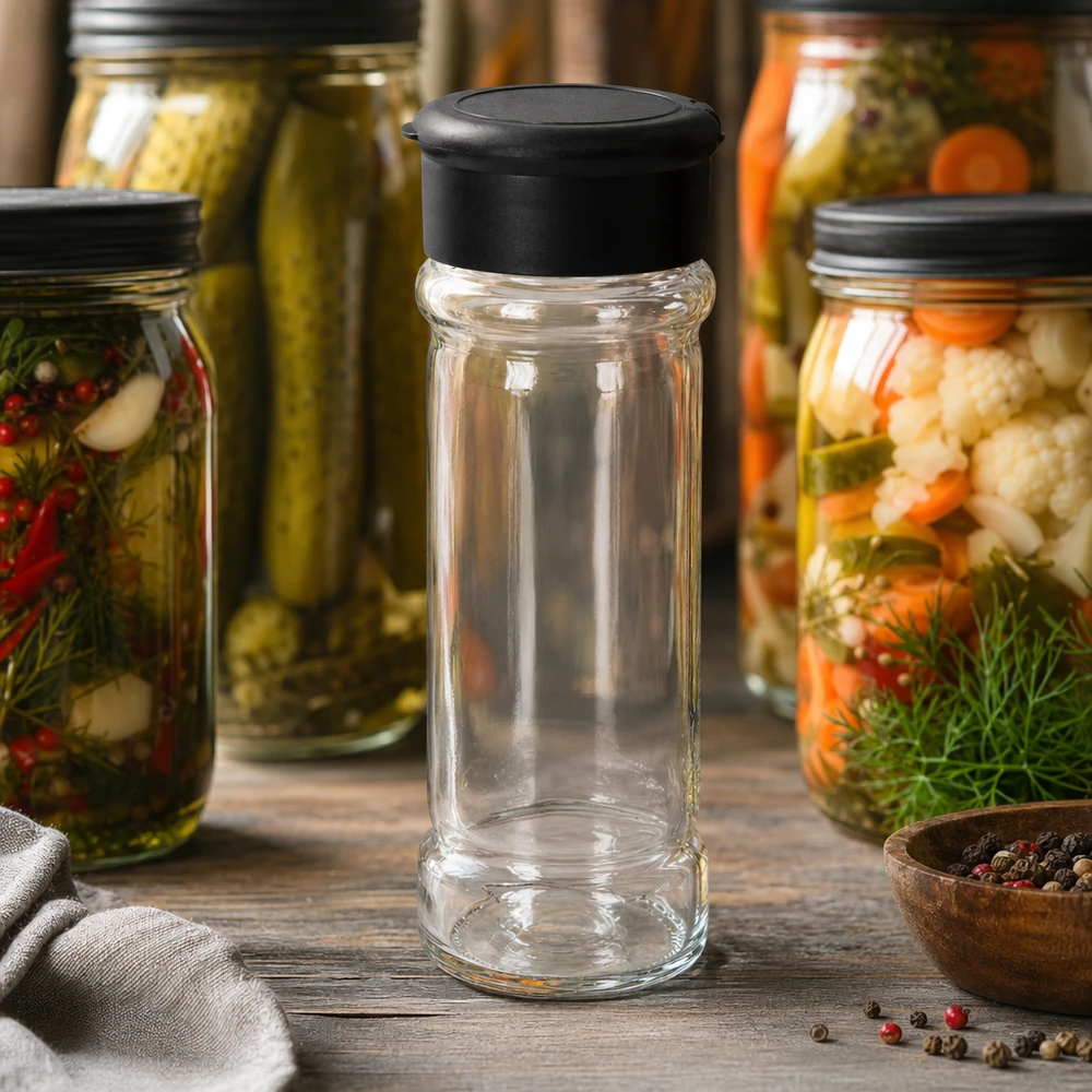 Frasco para sal y especias de 100 ml con dosificador, color negro Frasco transparente para especias de 100 ml con tapa dosificadora negra, con verduras encurtidas en su interior