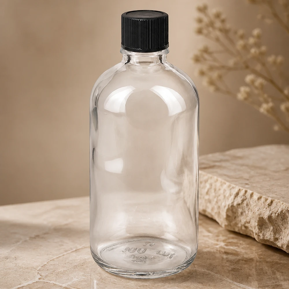 Frasco de farmacia transparente de 100 ml con tapón de rosca negro sobre una base de mármol claro