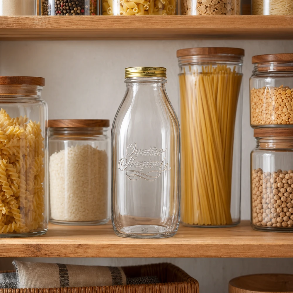 Frasco de cristal de 1000ml "Quattro Stagioni" con tapa Quattro Stagioni 1000ml botella de vidrio en la despensa organizada con frascos de almacenamiento, pasta y legumbres