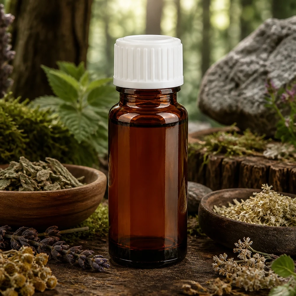 Pequeño frasco cuentagotas marrón de 10 ml para medicamentos, con tapón blanco, entre hierbas del bosque y musgo