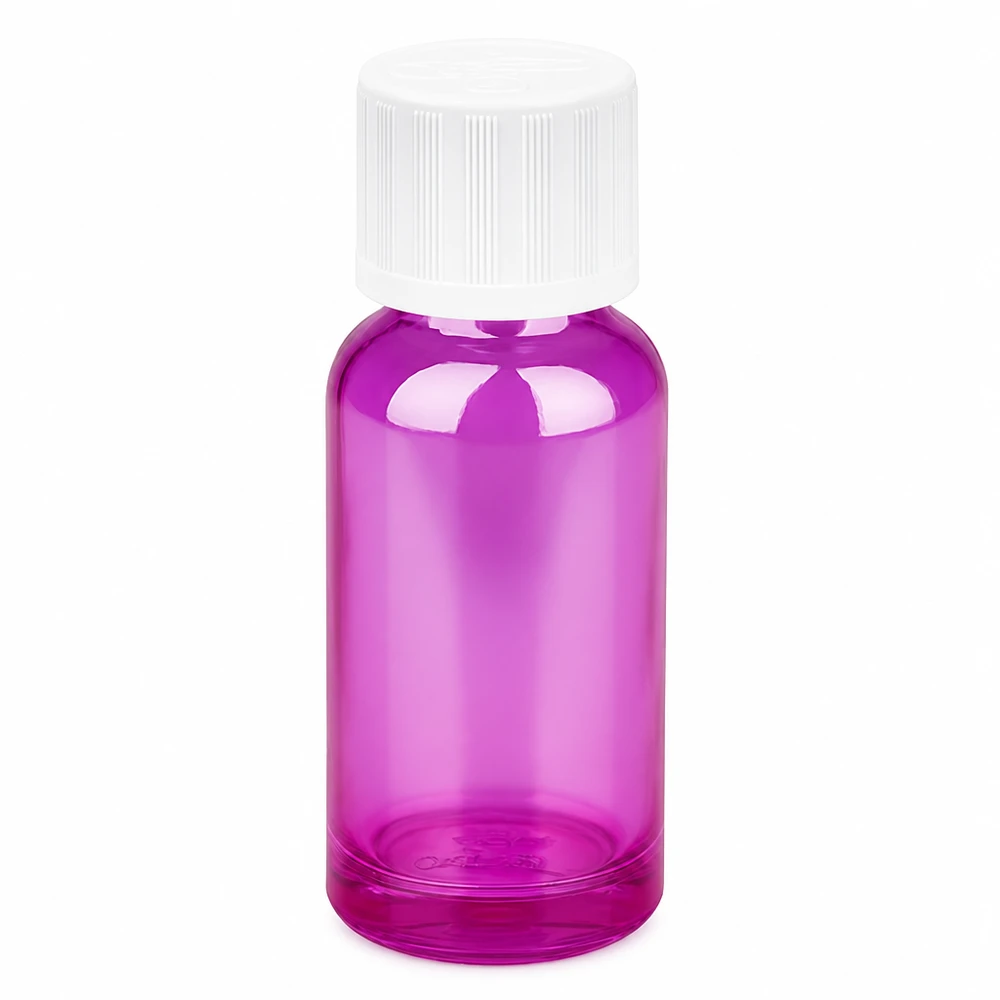 Frasco de vidrio de 20 ml púrpura transparente con tapón de rosca blanco para cosmética y aromaterapia