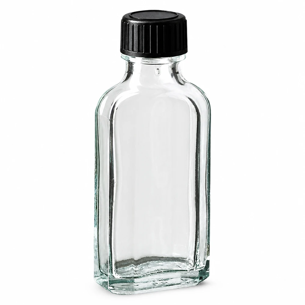 Tapón de rosca transparente Meplat de 50 ml con disco de sellado EPE Frasco de cristal transparente Meplat de 50 ml con tapón de rosca negro y arandela de sellado de EPE