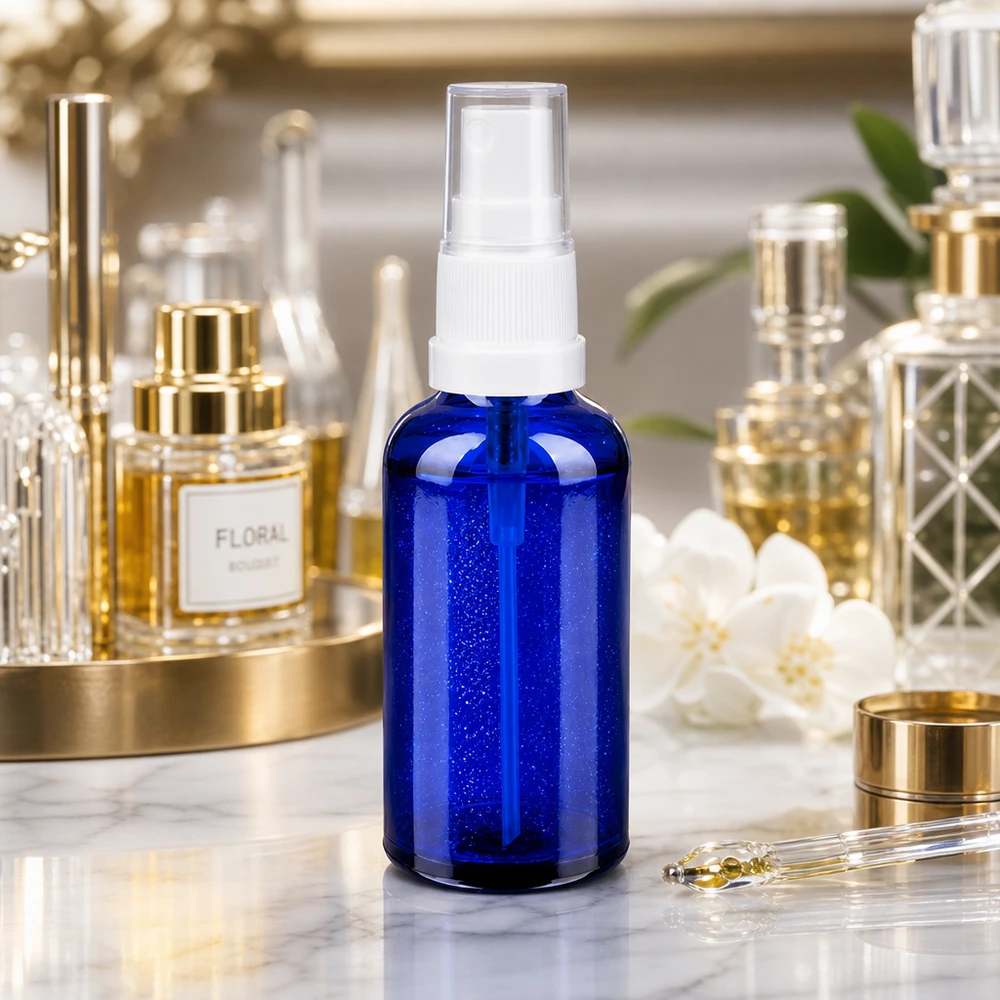 Frasco pulverizador 50ml blanco/transparente tapón estándar BlueLine UT18/50 Frasco de cristal premium de 50 ml con cabezal pulverizador ergonómico para una distribución uniforme de los sueros