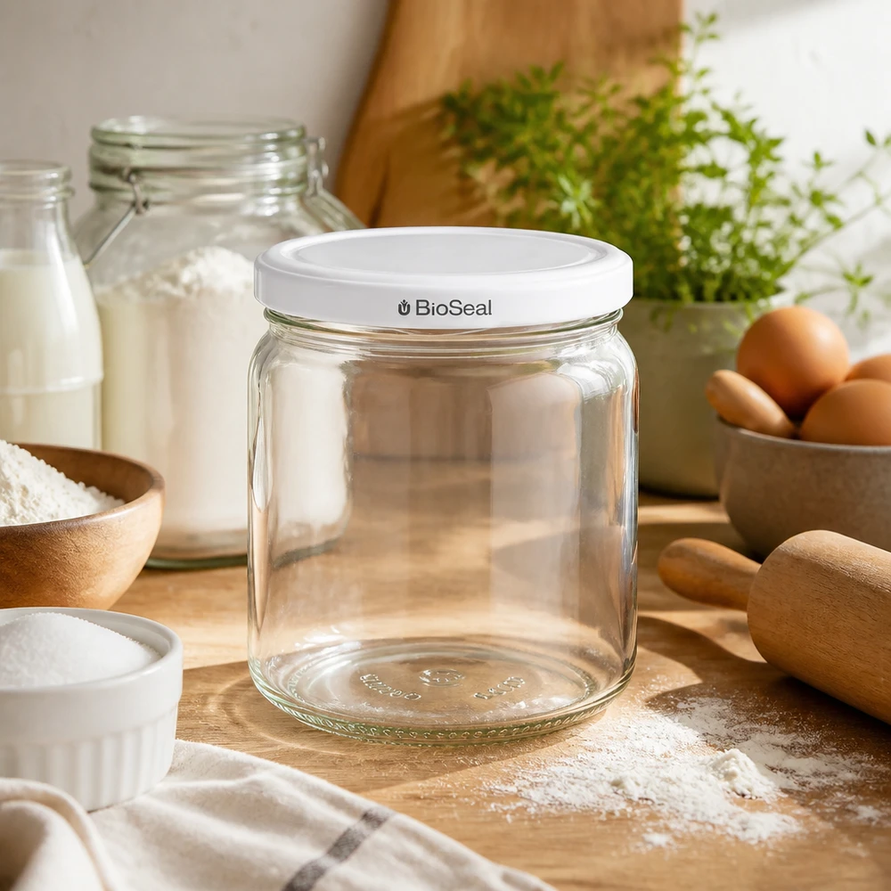 Tarro redondo de 408ml con tapa blanca BioSeal UNiTWIST UNiTWIST Runda408 leeres Einmachglas in gemütlicher Küche - vielseitiges Vorratsglas mit BioSeal für Backen und Kochen