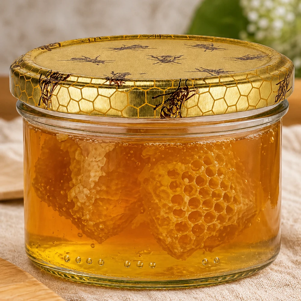 Tarro para miel de 300 g con tapa con diseño de panal BasicSeal UNiTWIST Tarro de miel de 300 g relleno de panal dorado en miel, tapa decorativa con motivos de abejas