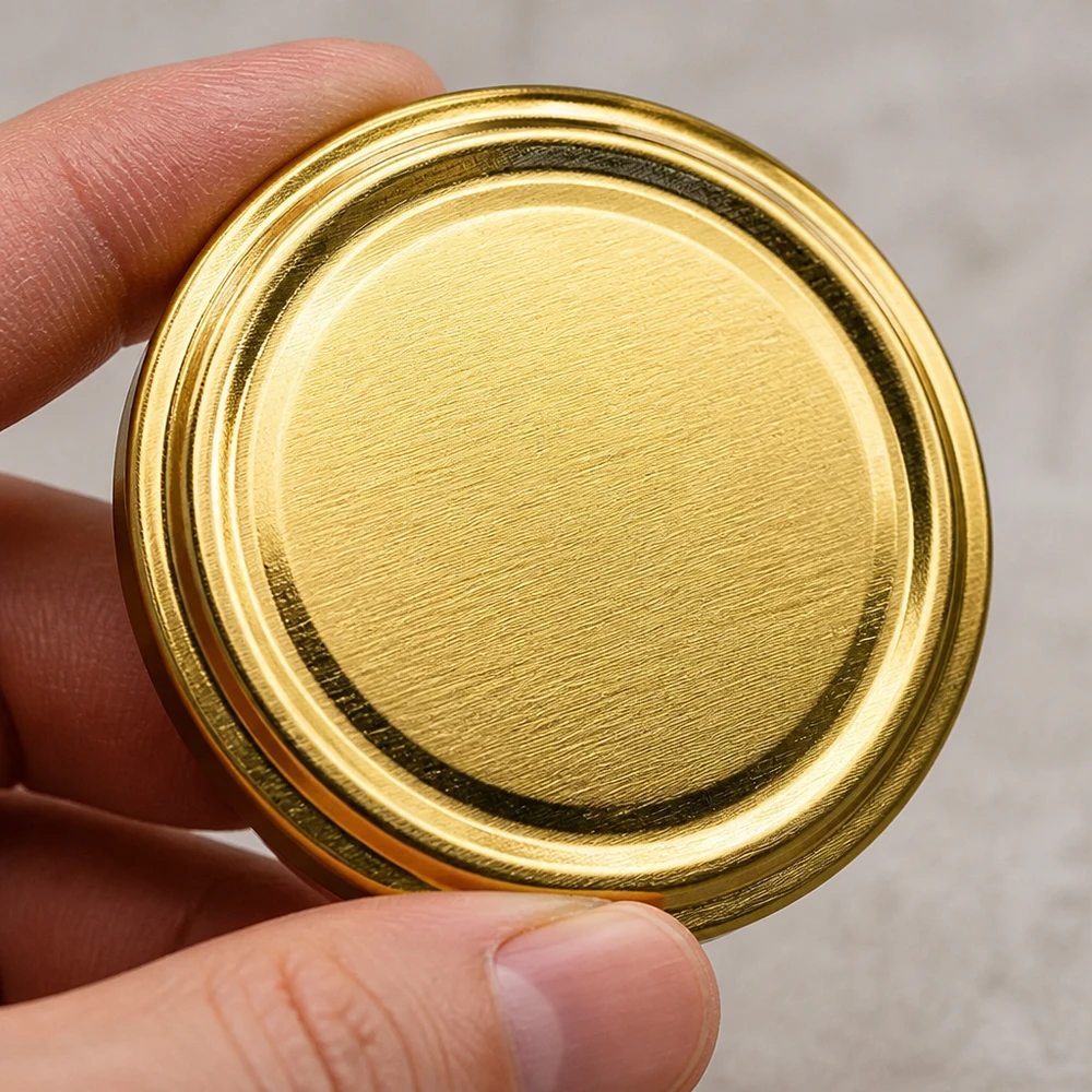 Tapa dorada TO63 de 63 mm, primer plano con superficie metálica cepillada UniTwist BasicSeal
