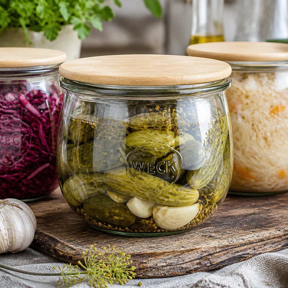 Tarro tulipán 580ml WECK RR100 con tapa de madera WECK Tulpenglas 580ml RR100 mit Holzdeckel für eingelegte Gurken und Gemüse - stilvolle Einmachgläser-Serie