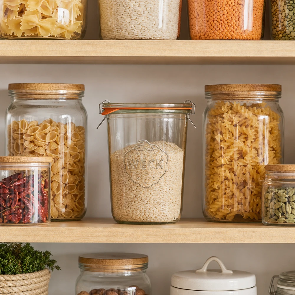Vaso RR100 WECK de 850 ml para guardar con estilo el arroz y la pasta en la moderna cocina de despensa