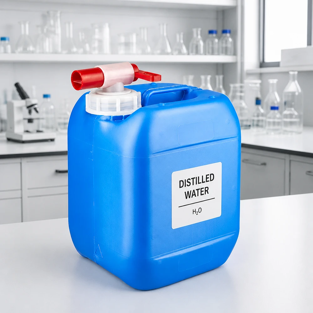 Bidón de laboratorio azul de 5 litros con grifo rojo para agua destilada H₂O