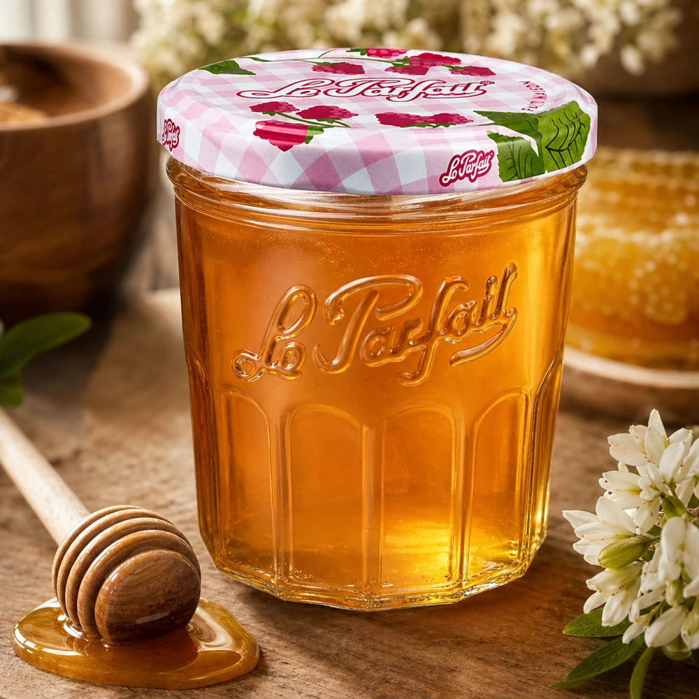 Le Parfait® Jam 324 ml Ø82 mm tarro mermelada Tarro Le Parfait de 324 ml lleno de miel junto a cuchara de miel y flores blancas sobre mesa de madera