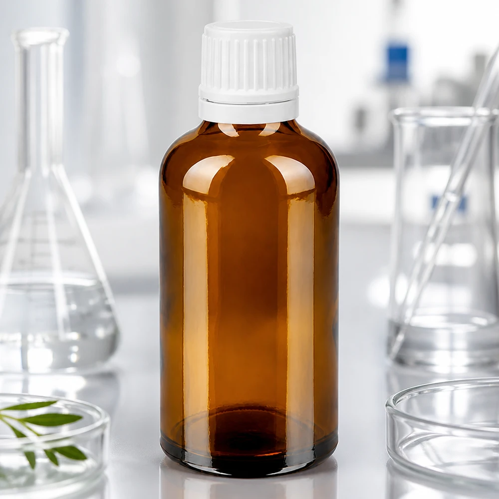 Frasco de farmacia de 50 ml, de vidrio ámbar con tapón OV blanco y cuello de 11 mm, para aplicaciones de laboratorio