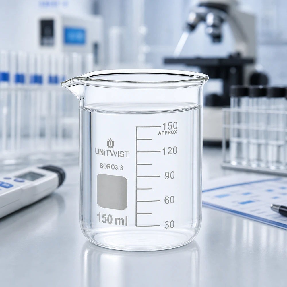 Vaso 150 ml borosilicato, molde bajo UNiTWIST Vaso de precipitados UNiTwist de 150 ml, de borosilicato 3.3, de perfil bajo, con agua transparente en un entorno de laboratorio