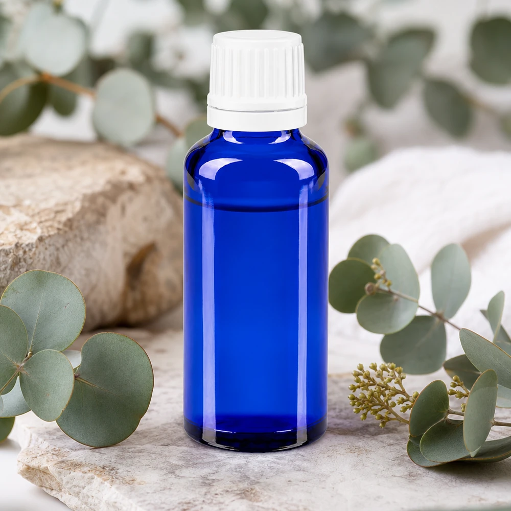Frasco de cristal azul cobalto de 30 ml con dosificador blanco entre ramas de eucalipto sobre piedra natural