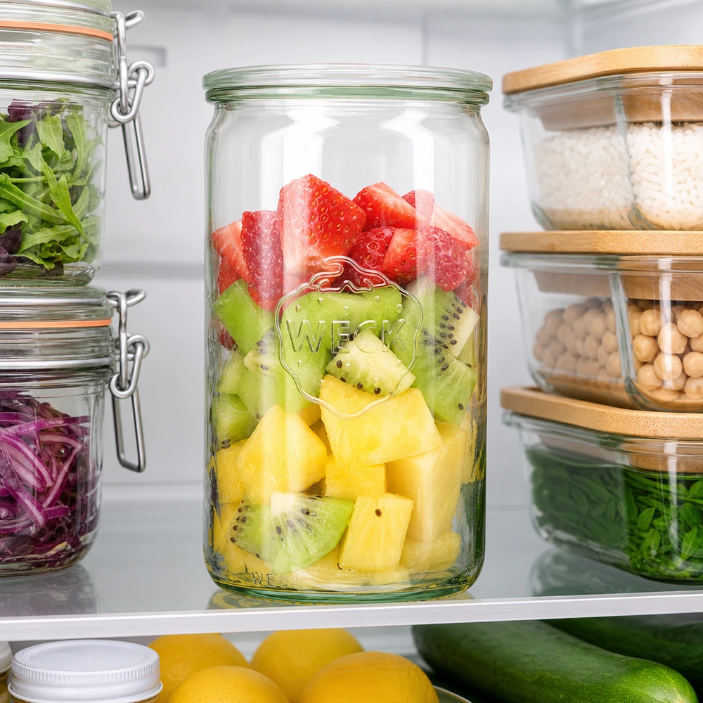 Tarro cilíndrico de 1590ml con tapa de cristal WECK RR100 WECK tarro cilíndrico 1590ml RR100 en la nevera con ensalada de fruta fresca fresas kiwi piña entre otros tarros de almacenamiento