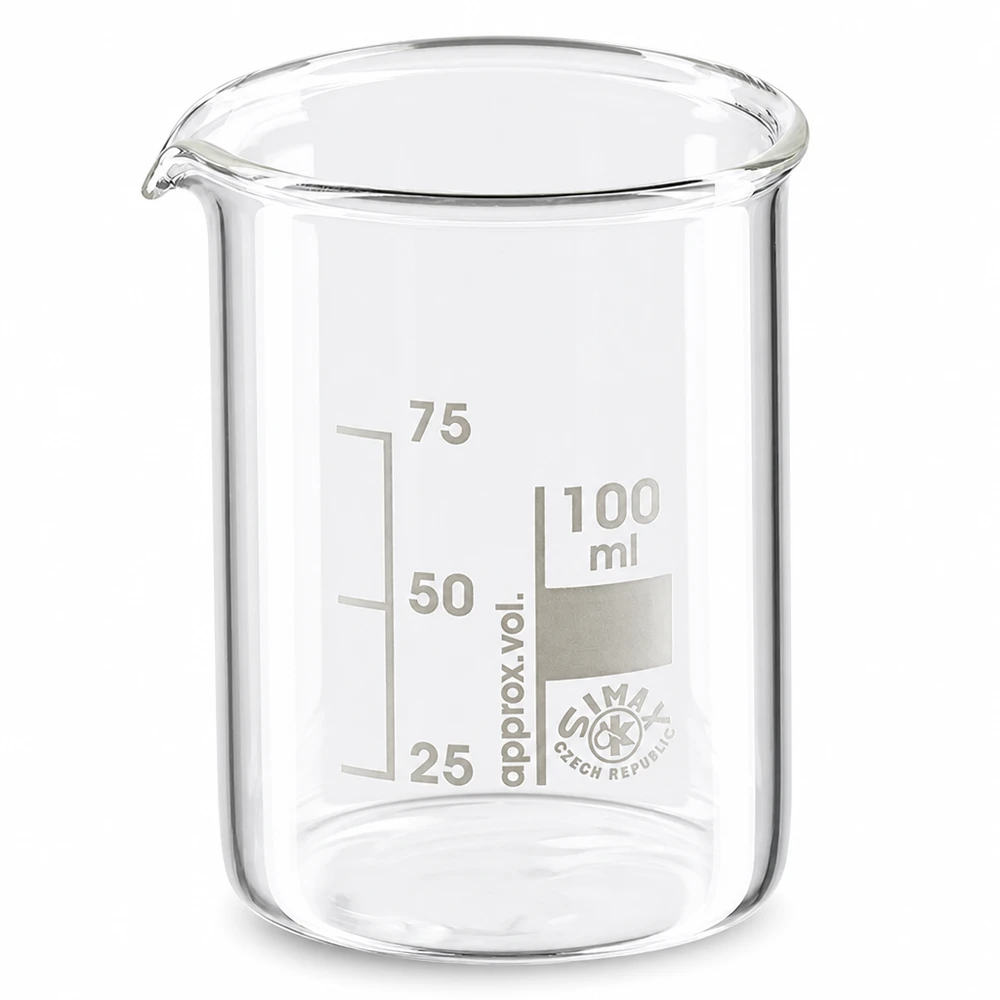 Vaso de 100 ml de vidrio borosilicato de alta calidad con pico y graduación en forma baja