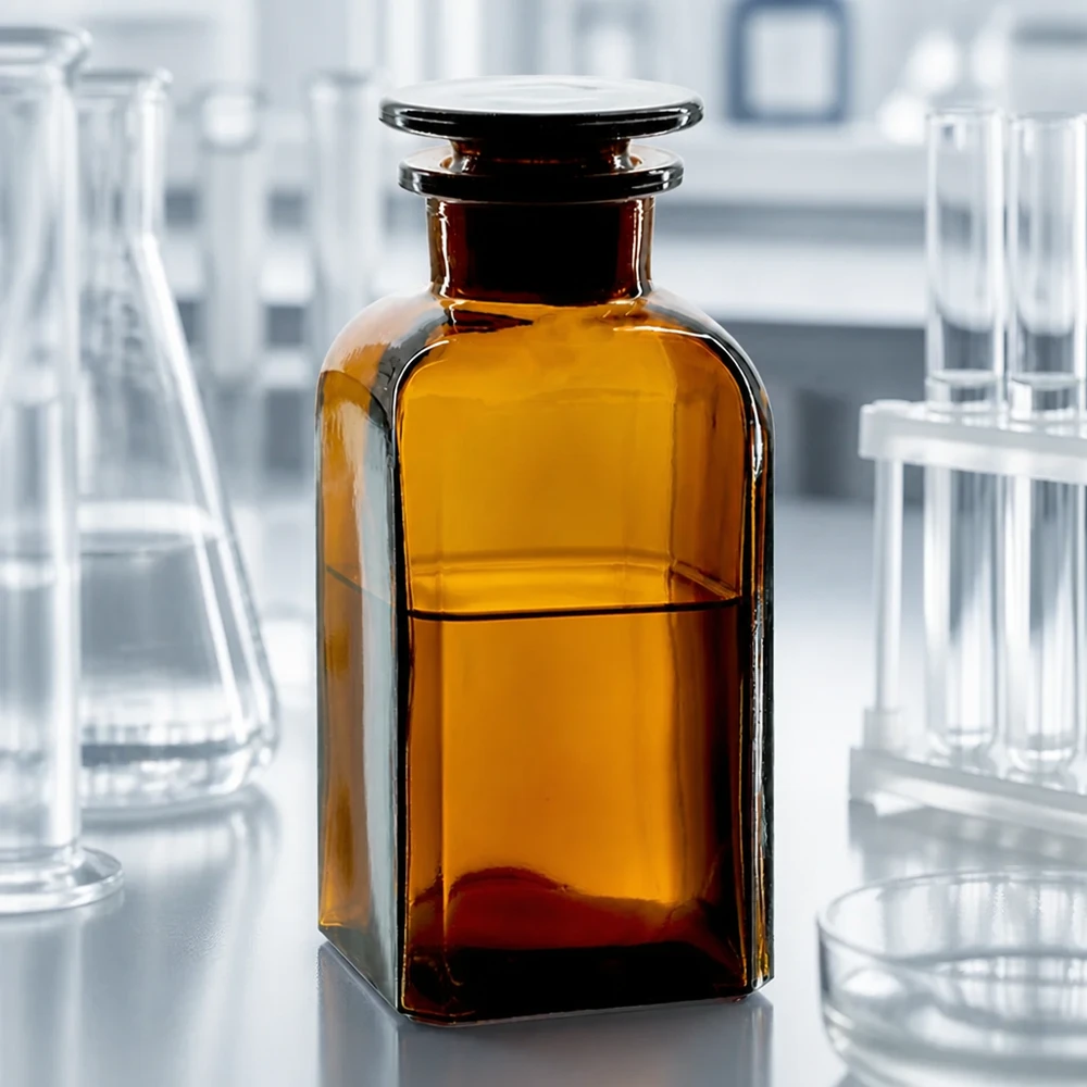 Botella cuadrada 350ml marrón cuello ancho tapón cristal Fotografía de laboratorio: botella cuadrada marrón de 350 ml, de cuello ancho y con tapón de cristal, entre un matraz Erlenmeyer y unos tubos de ensayo
