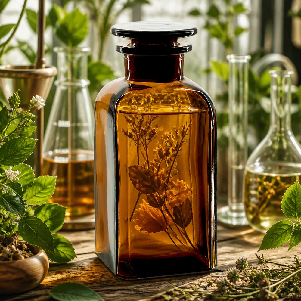 Frasco de farmacia de 350 ml, marrón, de sección cuadrada, con cuello ancho y tapón de cristal, para tinturas de hierbas