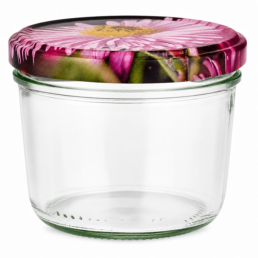 Vasos de 230ml + tapa BasicSeal diseño flor UNiTWIST Tarro de albañil de 230 ml con tapa BasicSeal en diseño floral, tarro de albañil vacío con motivo floral rosa sobre fondo blanco