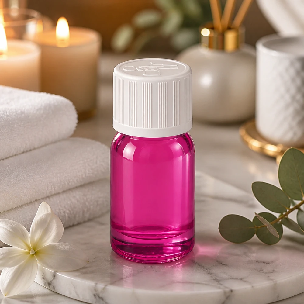 Práctico frasco de cristal violeta de 5 ml con tapón de rosca seguro para una dosificación precisa de los principios activos