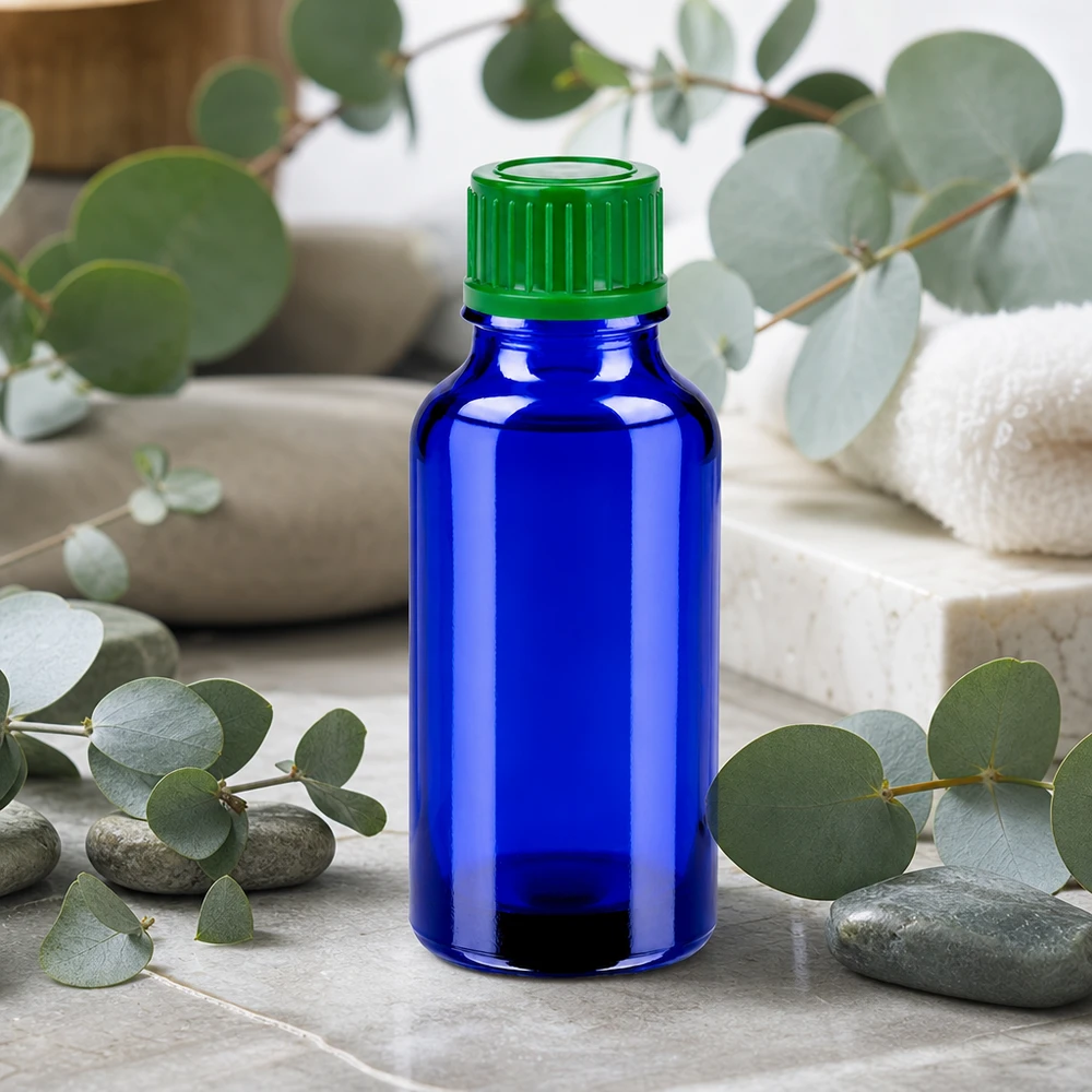 Frasco de vidrio de 20 ml de alta calidad en azul cobalto con tapón de rosca seguro 11 mm SV verde BlueLine UT18/20