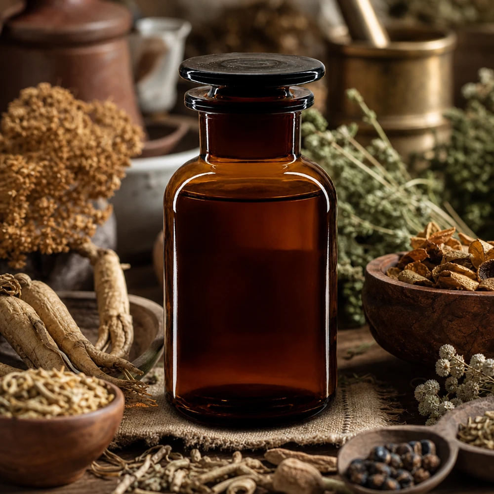 Botella de hombro redondo 250ml marrón cuello ancho tapón de vidrio Frasco de farmacia de 250 ml, marrón, de cuello ancho, con tapón de cristal, rodeado de hierbas medicinales y raíces