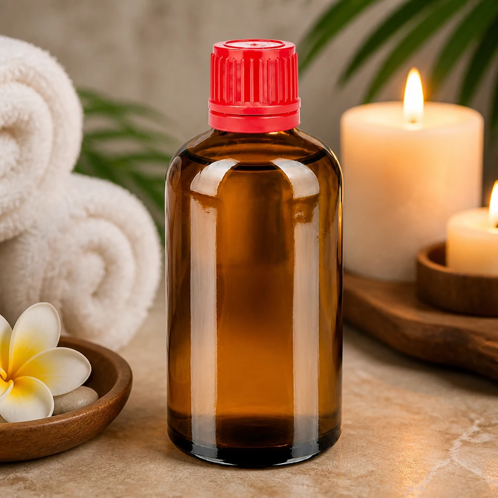 Botella de vidrio ámbar con protección UV de 100 ml y tapón rojo: protege de forma óptima el contenido sensible a la luz