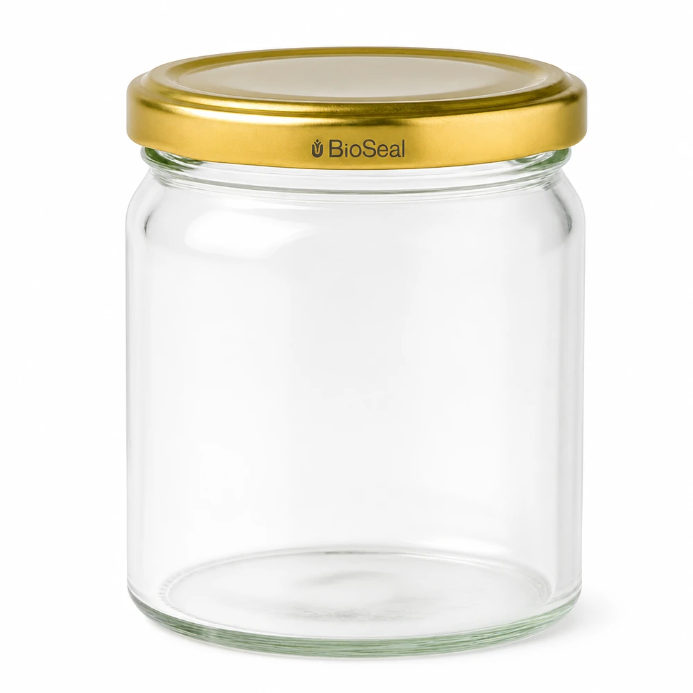 Tarro de conserva UNiTWIST Runda408 con tapa dorada TO82 BioSeal - tarro de cristal redondo para conservar y almacenar