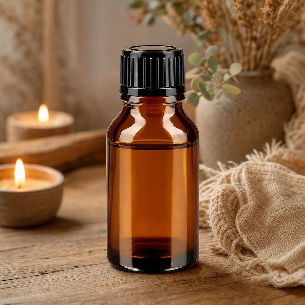 Botella de farmacia marrón 15ml tapón de rosca negro estándar Frasco clásico de farmacia de cristal ámbar de 15 ml con tapón de rosca negro sobre una mesa de madera