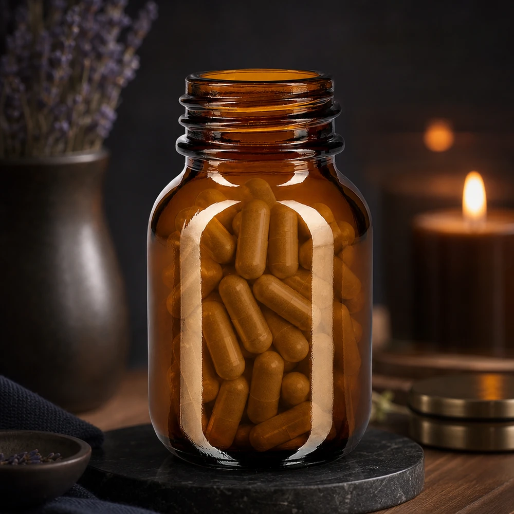 Frasco de cuello ancho de 50 ml de alta calidad fabricado en resistente vidrio ámbar para el almacenamiento seguro de complementos alimenticios