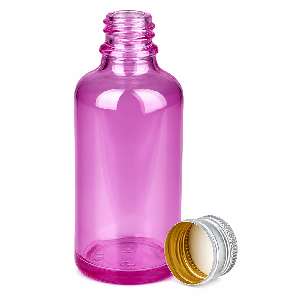 Botella de 50ml 11mm tapón de rosca aluminio-plata estándar PurpleLine.UT18/50 Frasco de 50 ml de vidrio morado con tapón de aluminio plateado para aceites esenciales y cosméticos