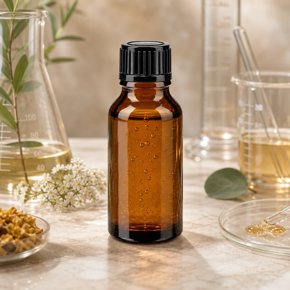 Botella de cristal marrón de 15 ml con tapón de rosca, entre hierbas medicinales y utensilios de laboratorio